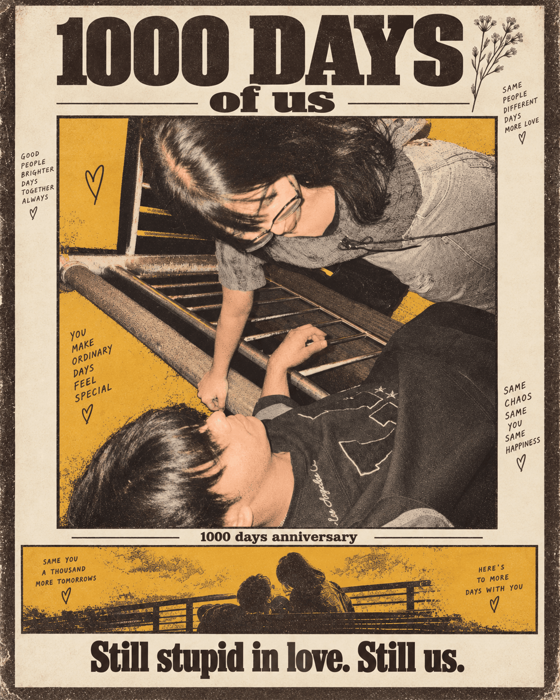 Retro 1000 Days of Us poster showing Sarthak and Garima together on a bench, framed in mustard yellow with affectionate handwritten notes.